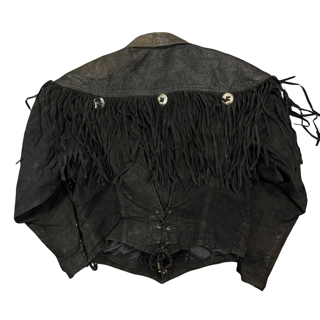 Vintage 80s-90s Body Exteriors Black Suede Fringe Concho Lace Up Western Jacket Womens M