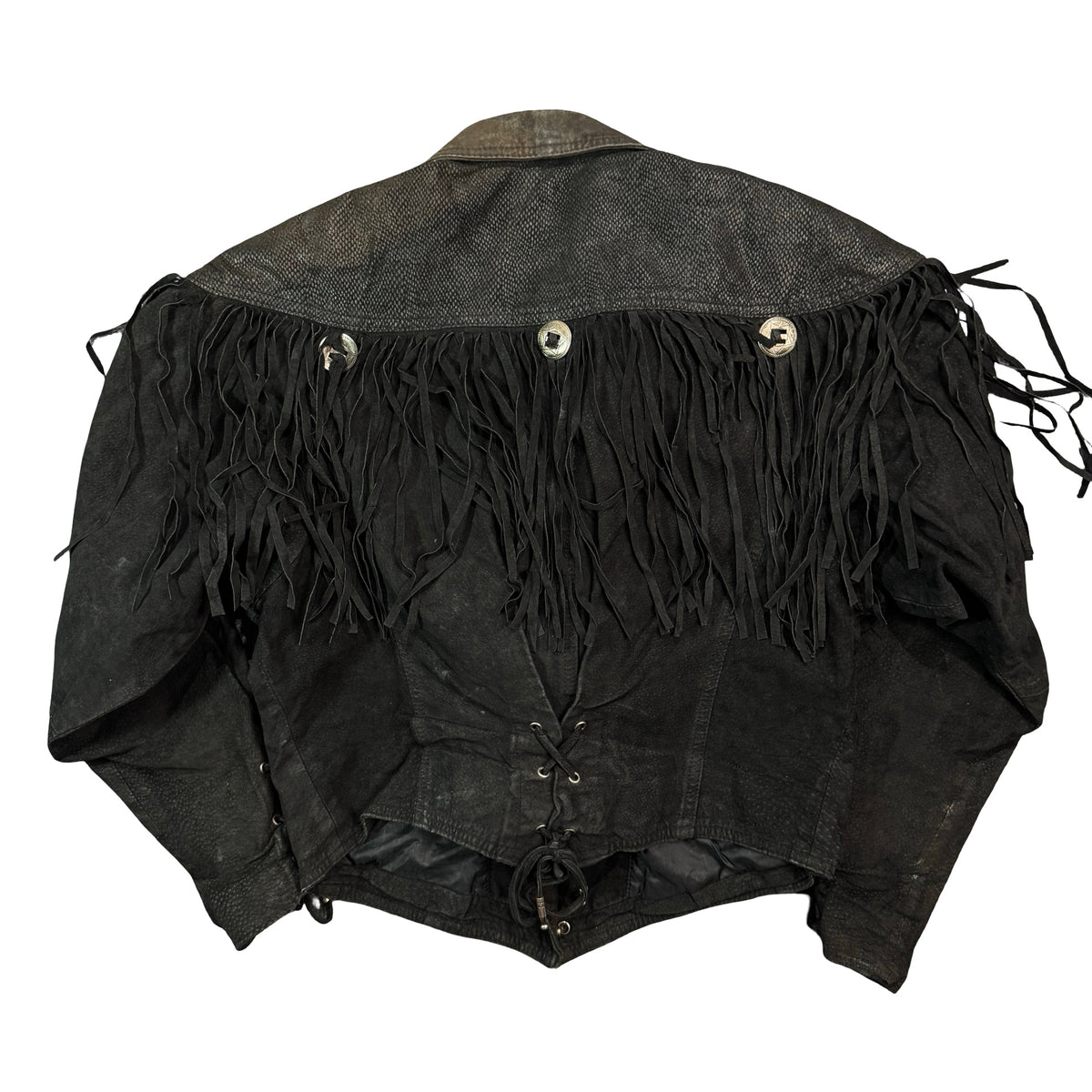 Vintage 80s-90s Body Exteriors Black Suede Fringe Concho Lace Up Western Jacket Womens M