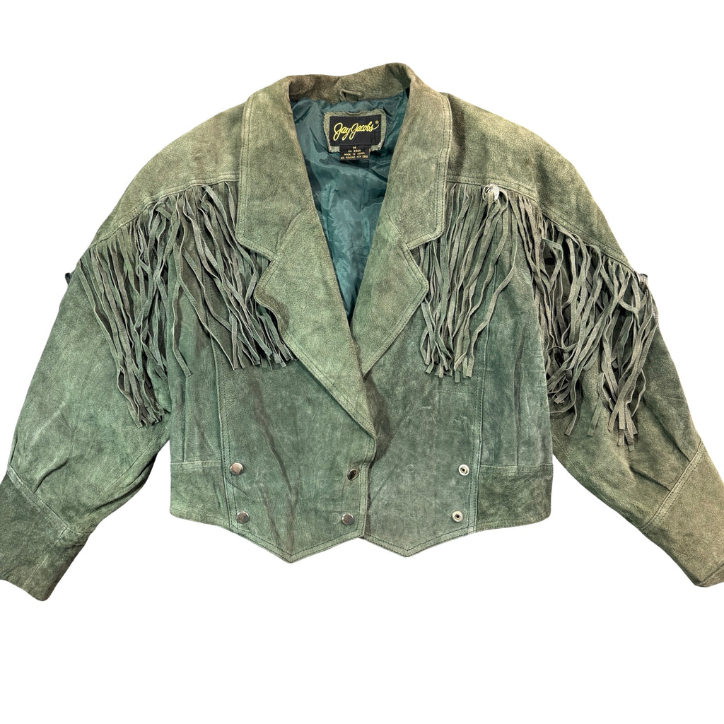 Vintage 80s-90s Jay Jacobs Sage Green Suede Fringe Concho Cropped Jacket Made in Korea Womens M