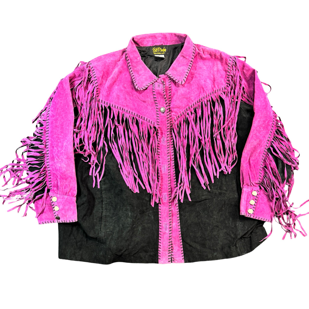 Vintage 90s Bob Mackie Wearable Art Pink Black Suede Fringe Whipstitch Button Front Western Jacket Womens Plus 3X