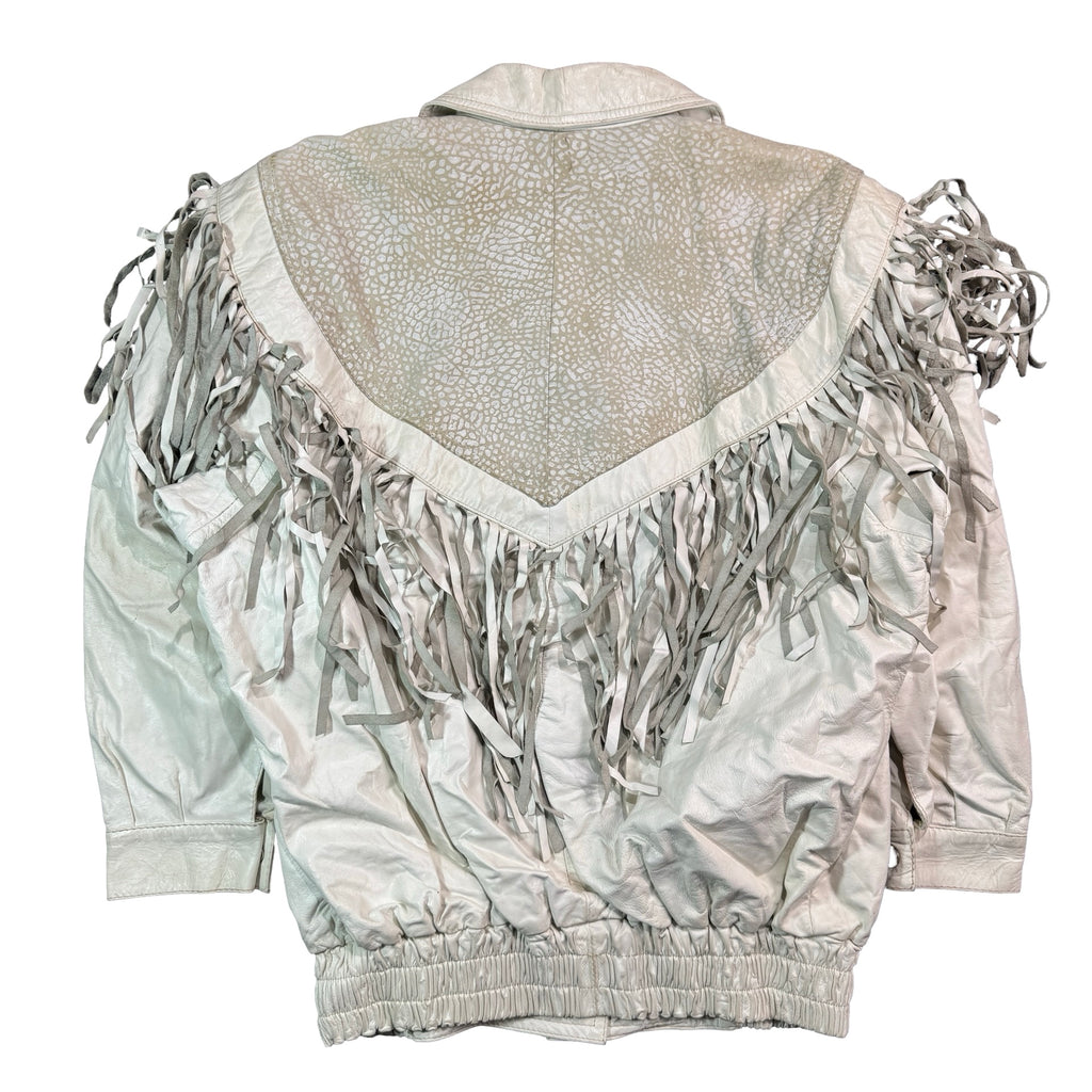 Vintage 80s-90s Gino Giorgio Cream Leather Fringe Embossed Yoke Bomber Jacket Made in Argentina Womens M