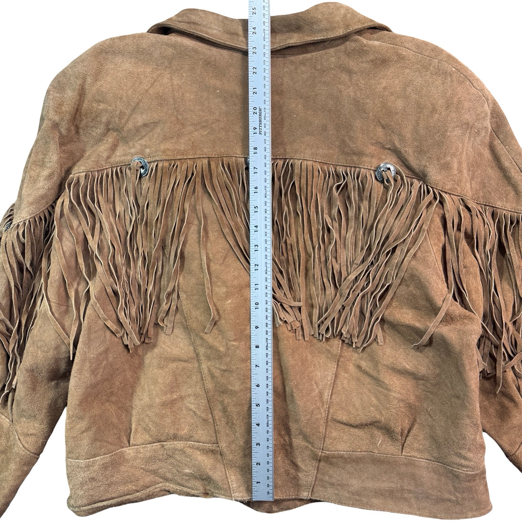 Tan suede fringe jacket with measuring tape for length