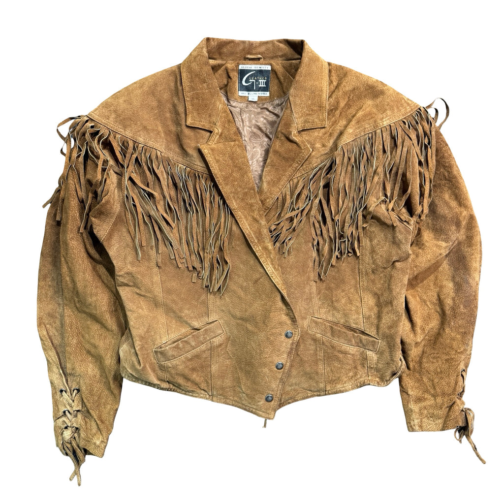 Vintage 80s-90s G-III Leather Brown Suede Fringe Western Jacket Made in China Unisex XL