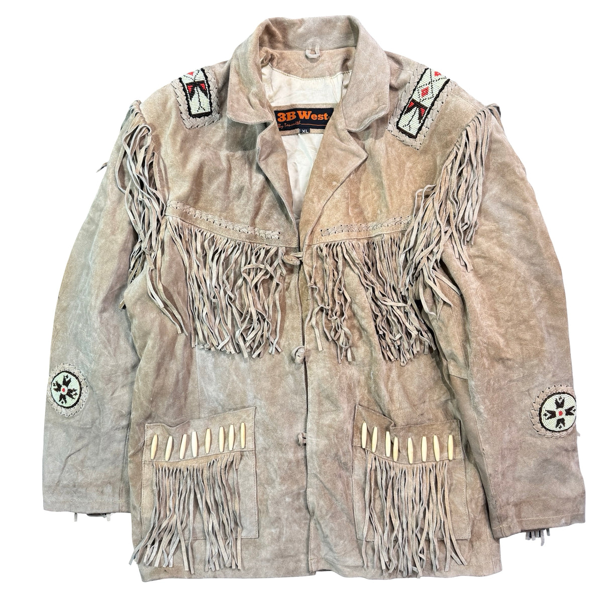 3B West Taupe Suede Fringe Beaded Bone Pocket Western Jacket Made in Pakistan Unisex XL