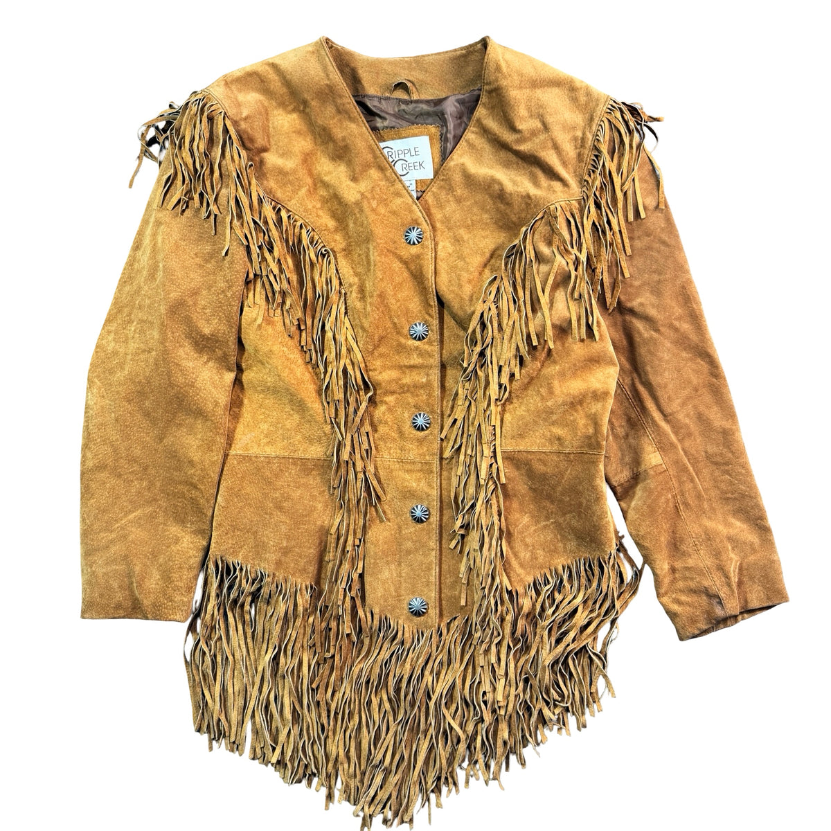 Vintage 90s Cripple Creek caramel suede fringe jacket front