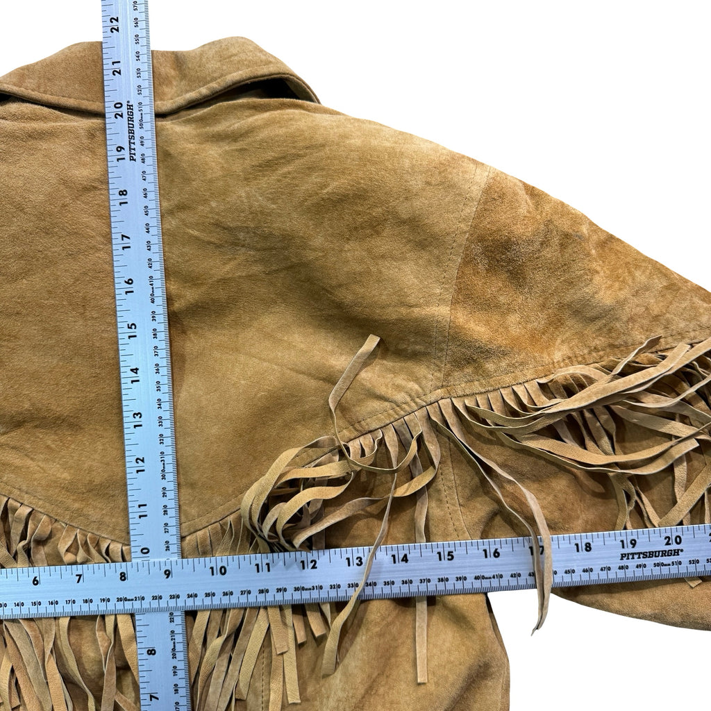 Vintage 90s KC Collections Tan Suede Fringe Zip Front Bomber Jacket Made in China Womens S