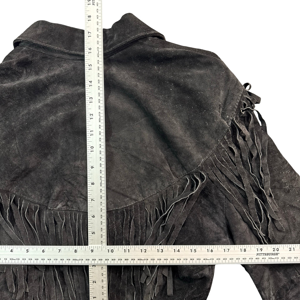 Vintage 80s-90s Comint Black Suede Fringe Cropped Western Jacket Made in Argentina Womens S