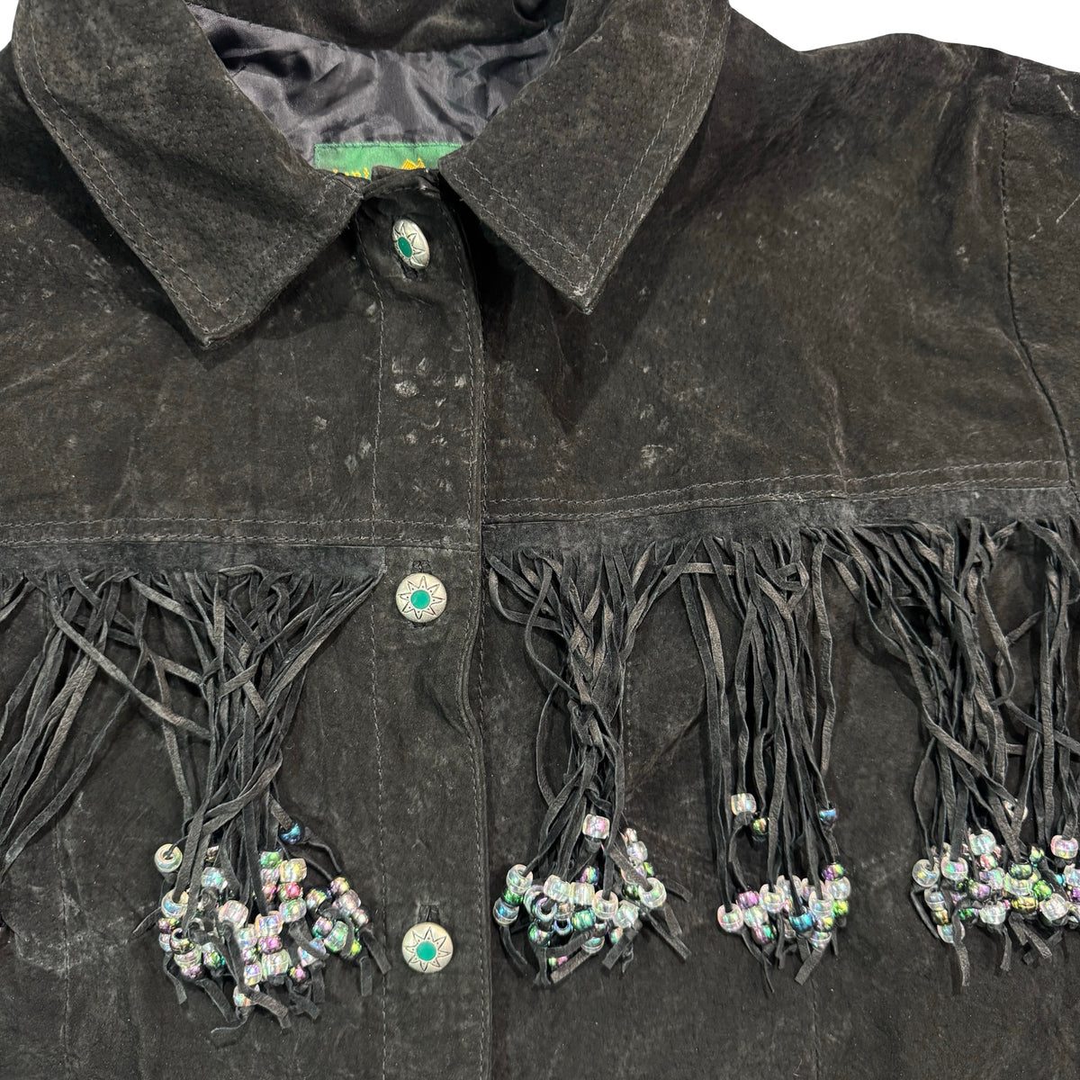 Vintage 90s Hunters Run Black Suede Fringe Beaded Button Front Shirt Jacket Made in China Womens 1X