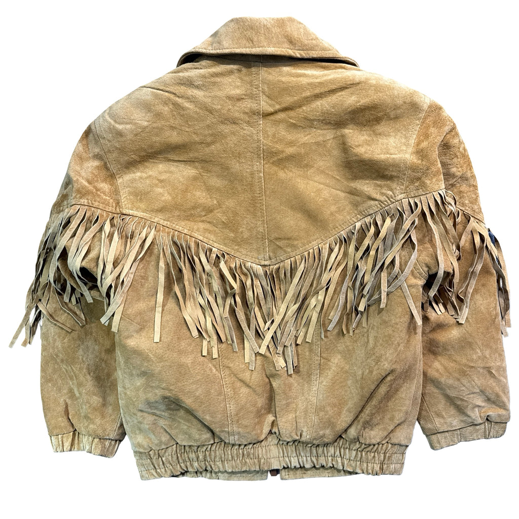 Vintage 90s KC Collections Tan Suede Fringe Zip Front Bomber Jacket Made in China Womens S