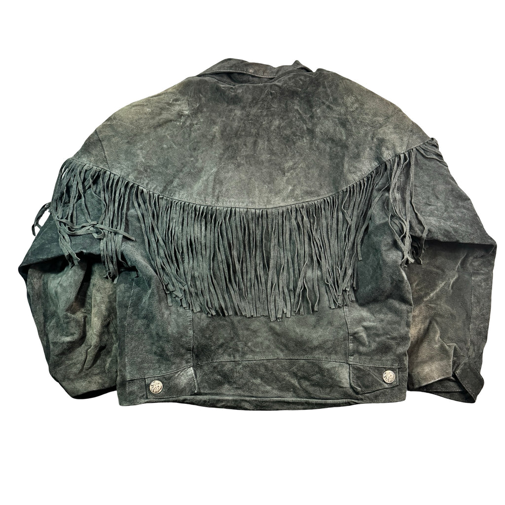 Vintage 80s-90s Winlit Black Suede Fringe Buffalo Nickel Snap Western Jacket Made in Korea Unisex