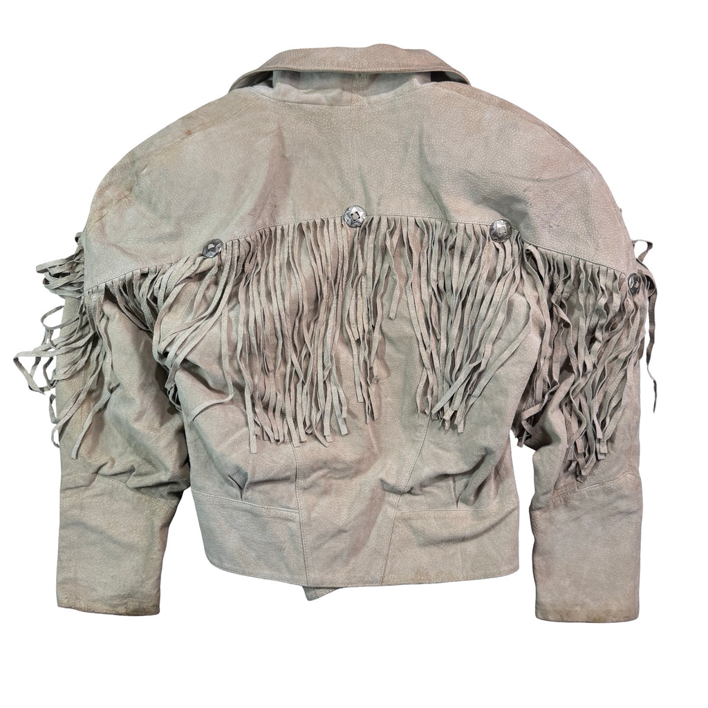 Vintage 80s-90s Rinzi Cream Suede Fringe Concho Snap Cropped Jacket Made in Korea Womens S