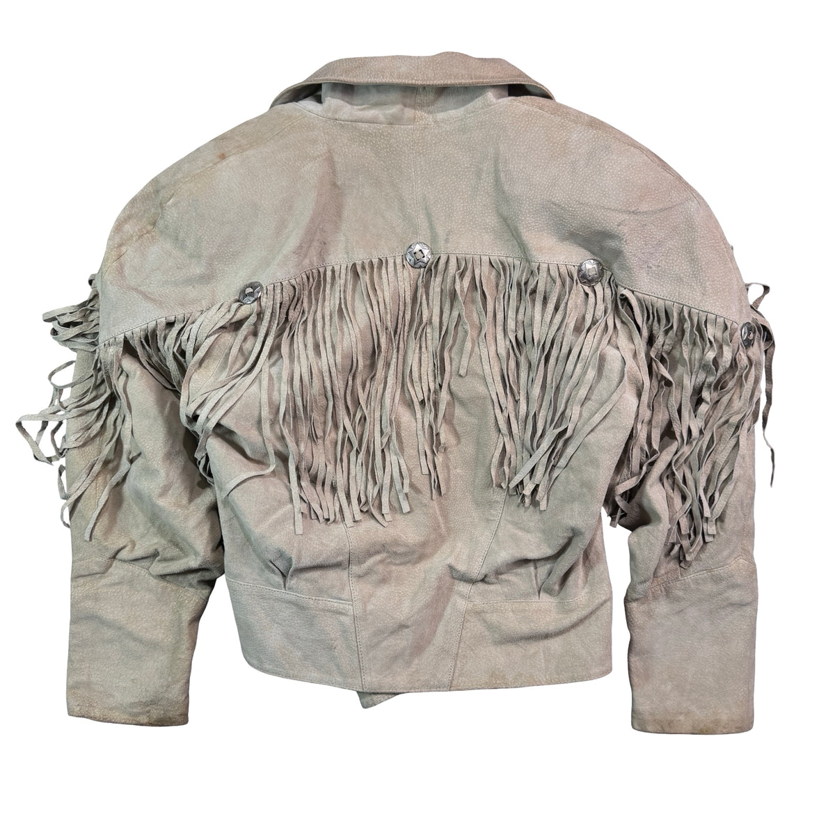 Vintage 80s-90s Rinzi Cream Suede Fringe Concho Snap Cropped Jacket Made in Korea Womens S