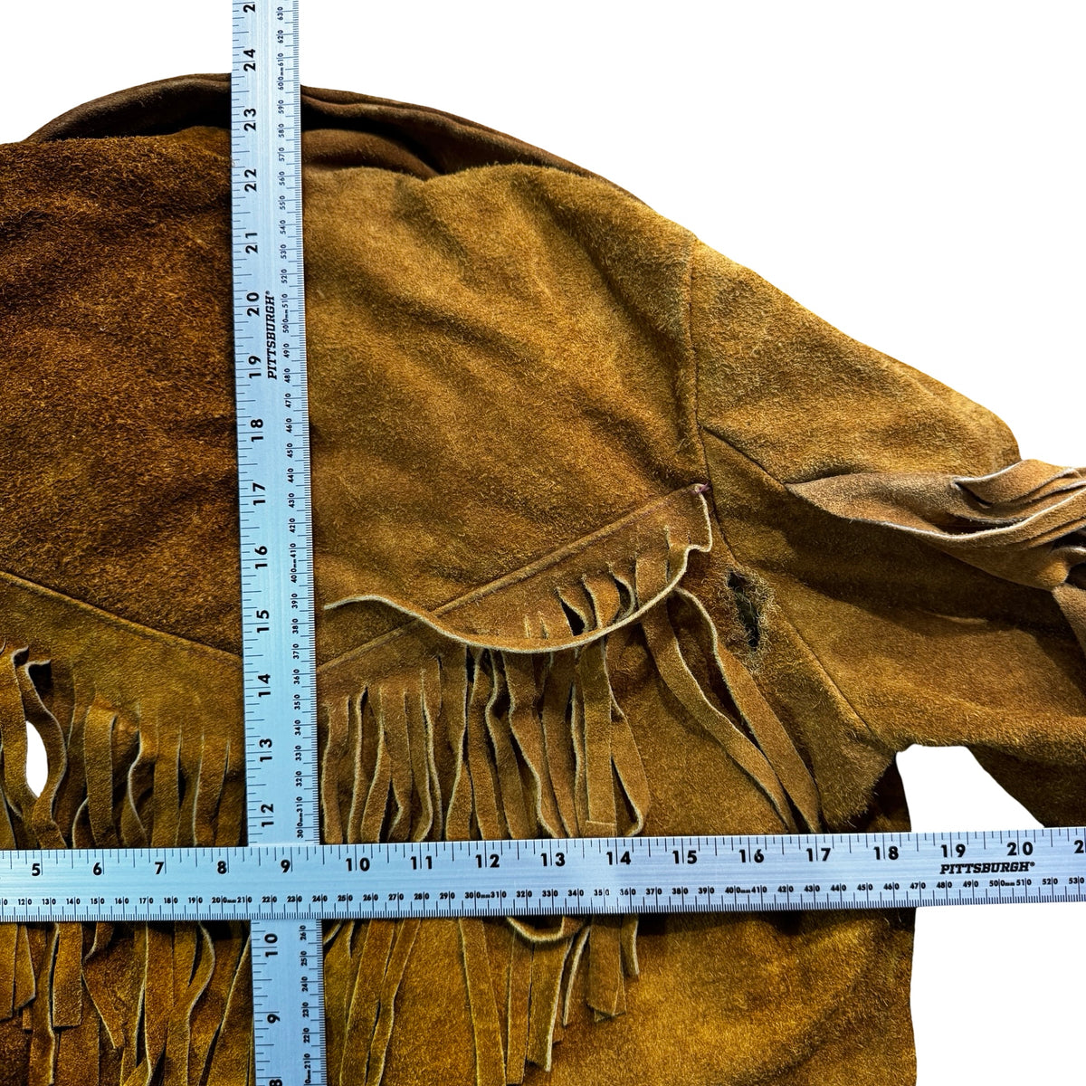Vintage 70s-80s Olive Brown Suede Fringe Triangle Pocket Snap Western Jacket Unisex