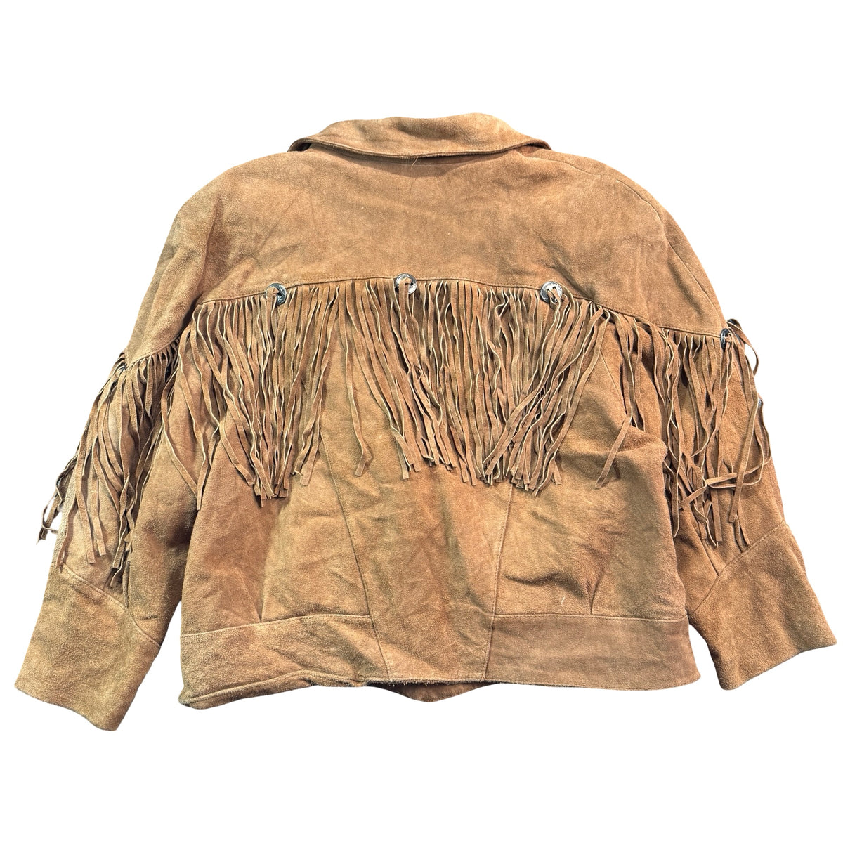 Tan suede fringe jacket with conchos, back view
