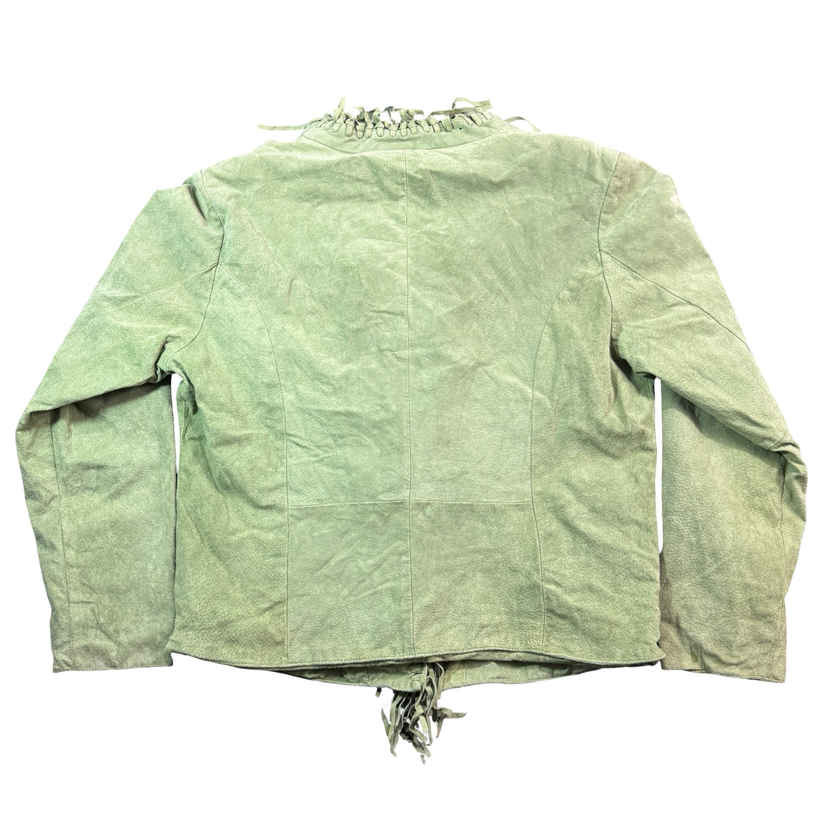 Sage green suede jacket, back view
