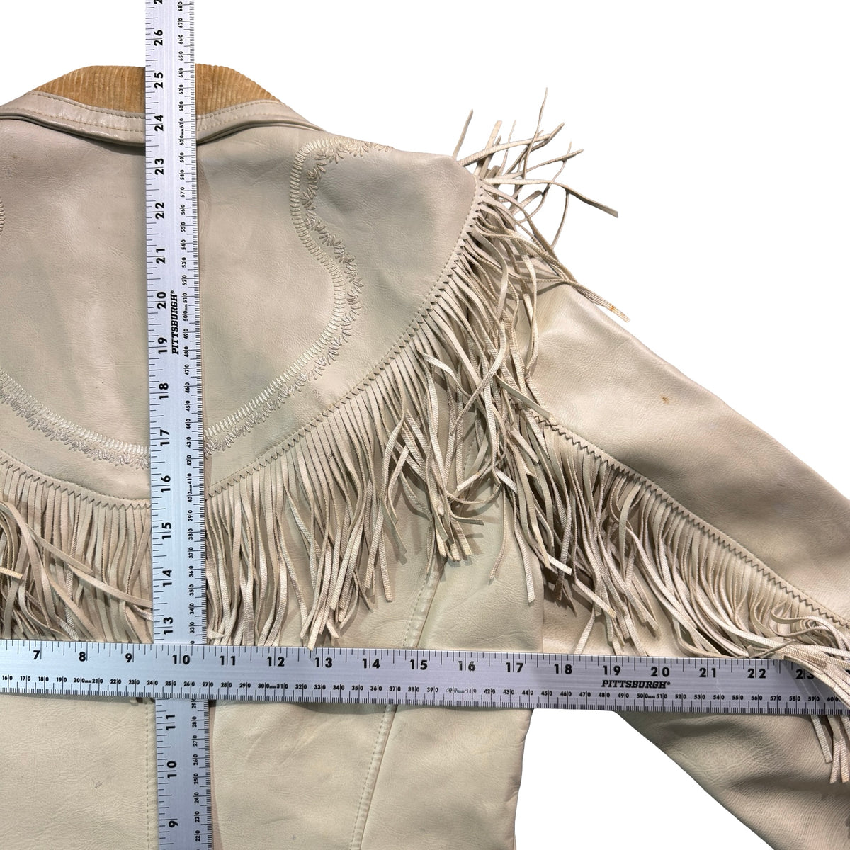 Vintage 70s-80s Pioneer Wear Cream Leather Fringe Embroidered Yoke Western Jacket Womens