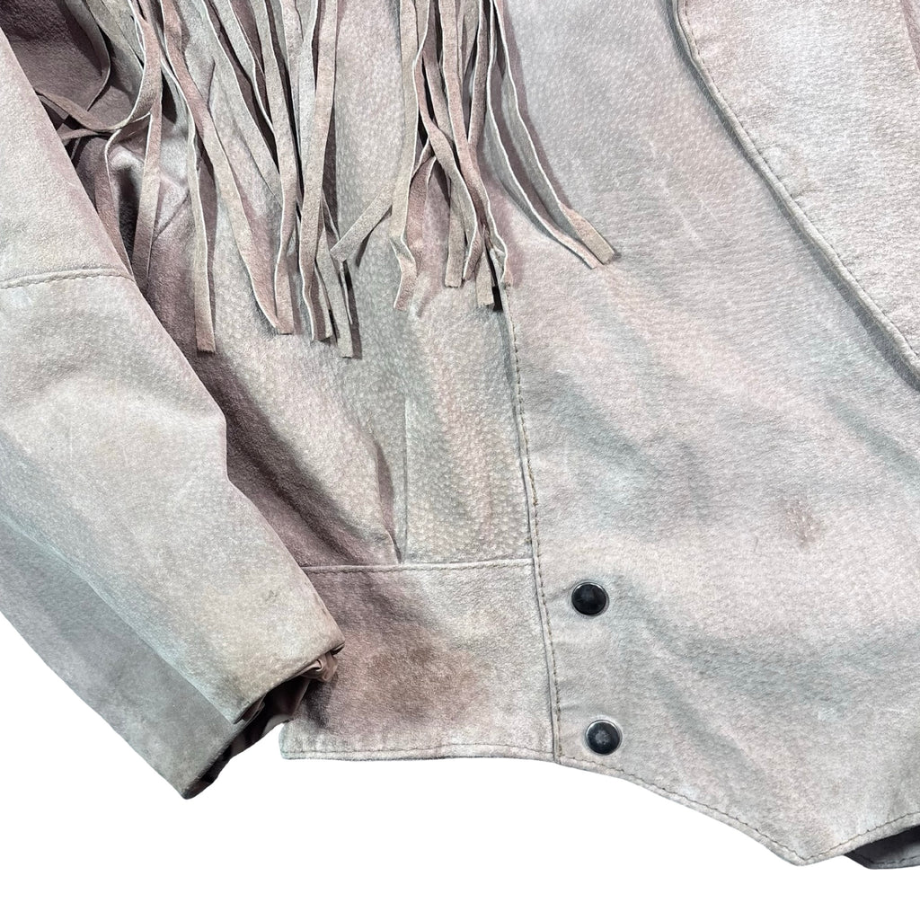 Vintage 80s Concept Clothing Company Taupe Suede Fringe Snap Front Jacket Womens S