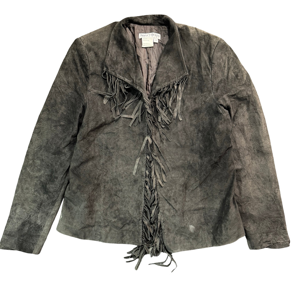 Vintage 90s Nancy Bolen City Girl Gray Suede Fringe Open Front Jacket Made in China Womens M