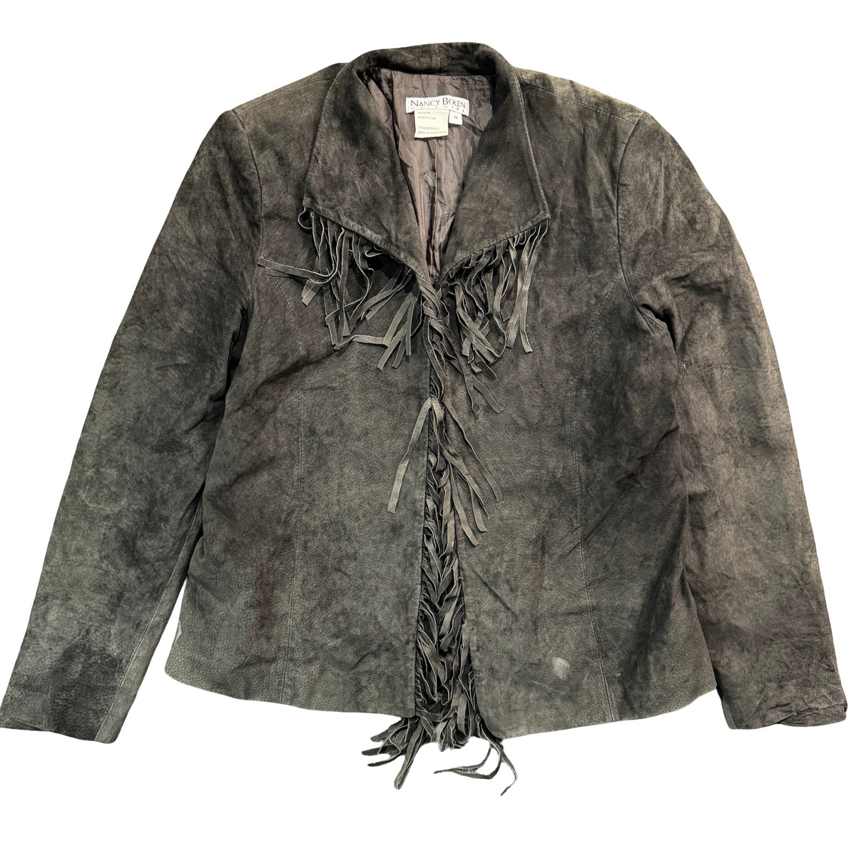 Vintage 90s Nancy Bolen City Girl Gray Suede Fringe Open Front Jacket Made in China Womens M