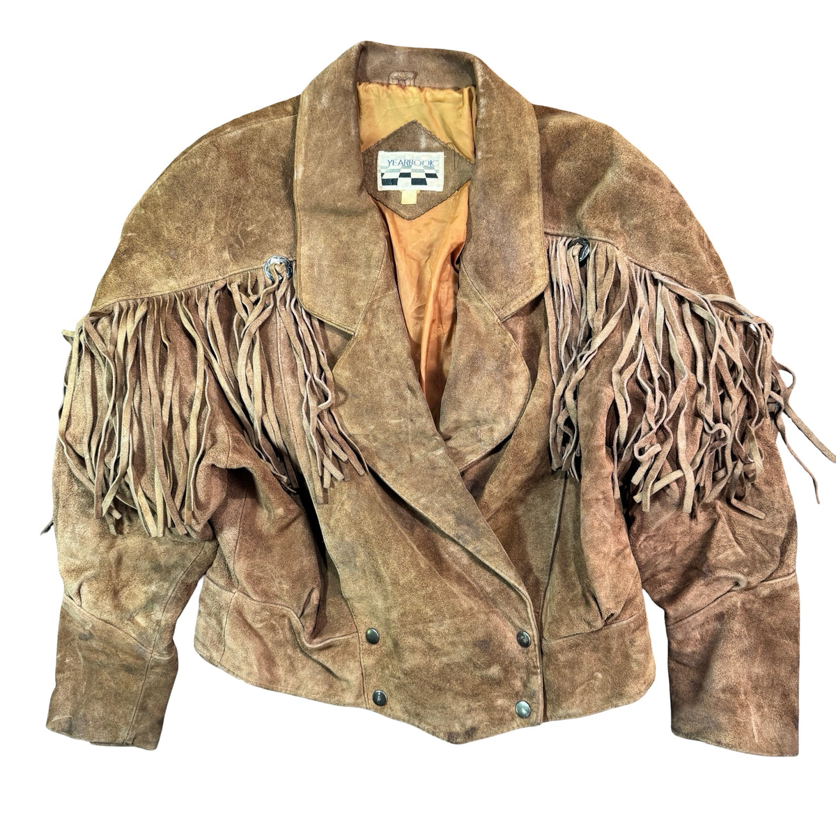 Vintage 90s Yearbook Tan Suede Fringe Cropped Snap Front Western Jacket Made in Korea Womens