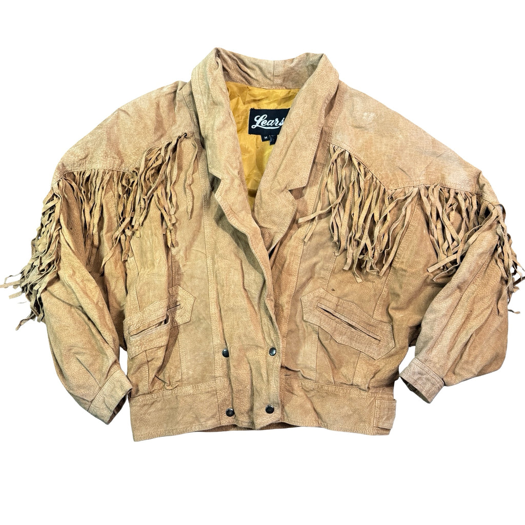 Vintage 80s-90s Learsi Tan Suede Fringe Cropped Western Jacket Made in China Womens M