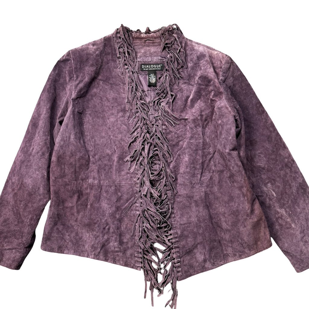 Y2K Dialogue purple suede laced fringe open front jacket, front view