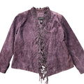 Y2K Dialogue purple suede laced fringe open front jacket, front view