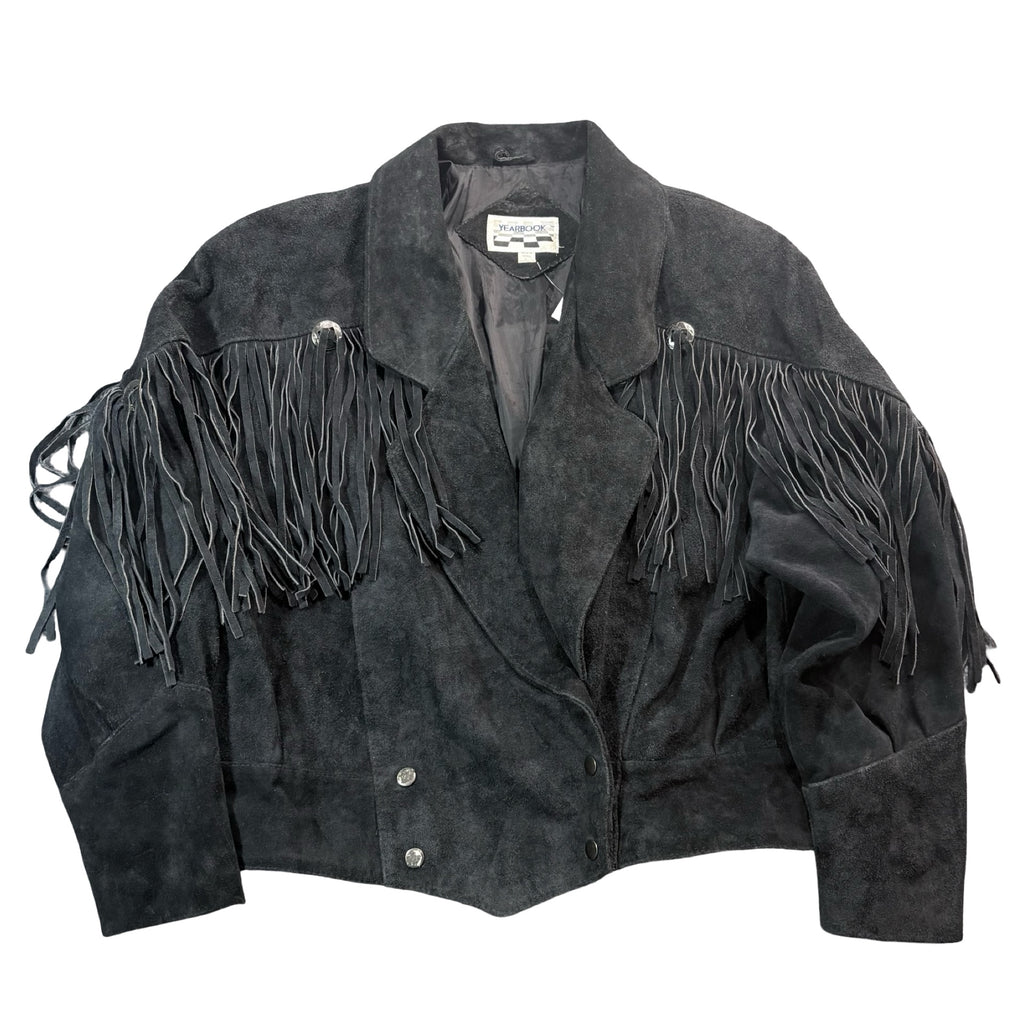 Vintage 80s-90s Yearbook Black Suede Fringe Concho Snap Front Western Jacket Womens L