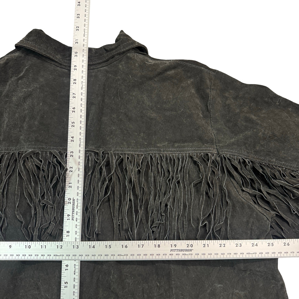Vintage 90s Hunters Run Black Suede Fringe Beaded Button Front Shirt Jacket Made in China Womens 1X