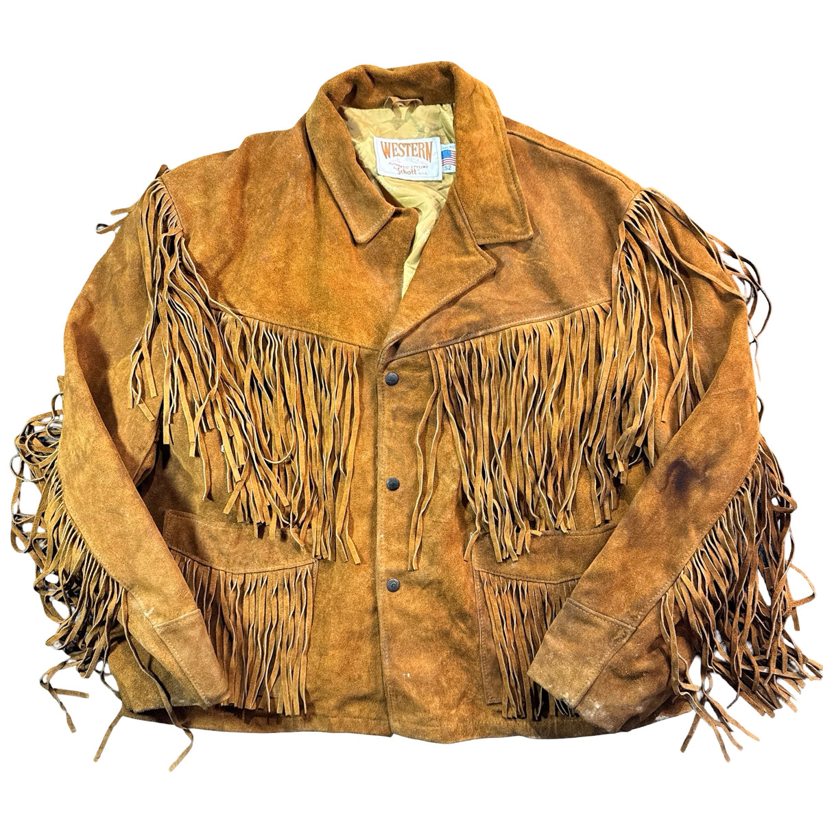 Vintage 80s Schott Western rust brown suede fringe jacket front