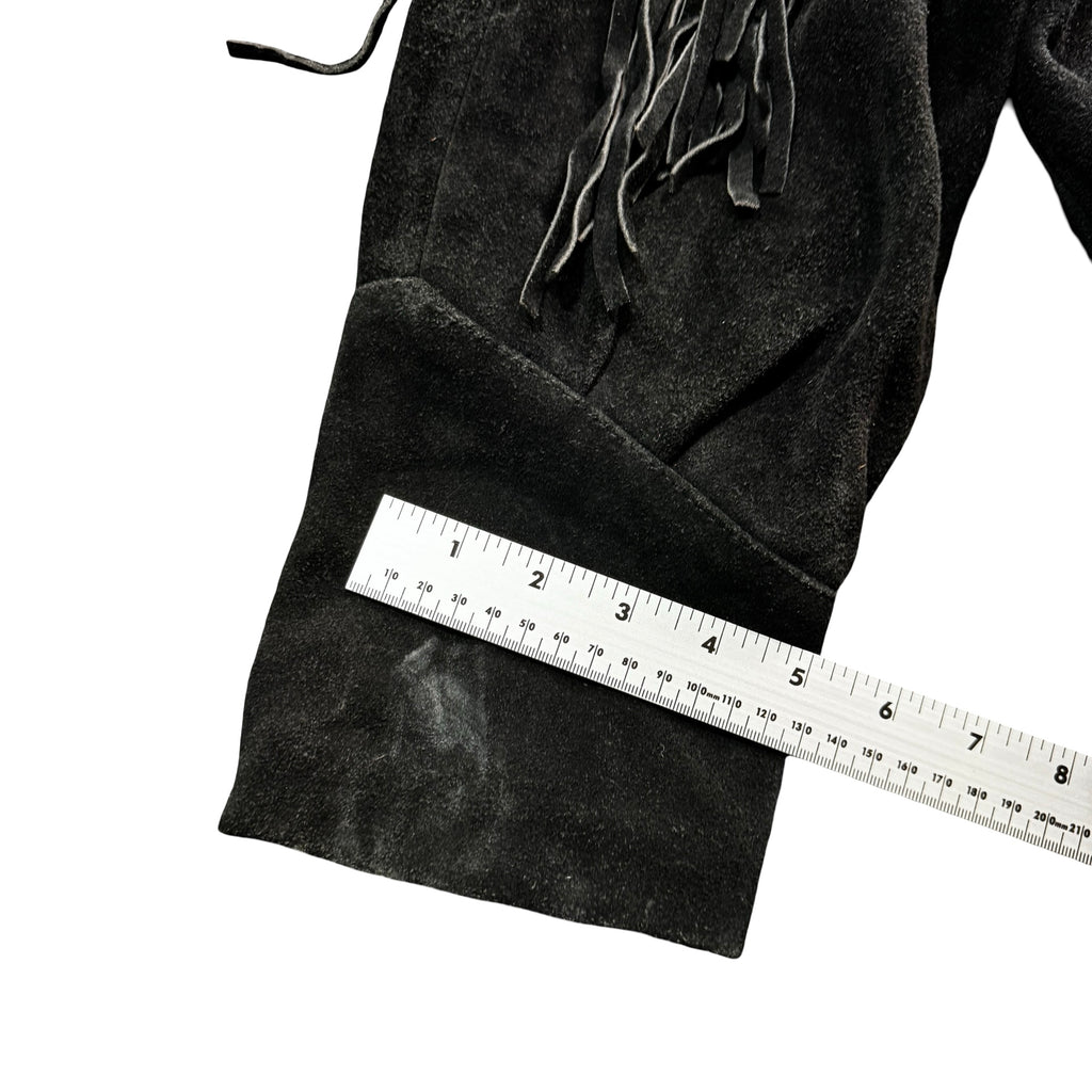 Vintage 90s Yearbook Black Suede Fringe Concho Snap Cropped Jacket Made in Korea Womens L