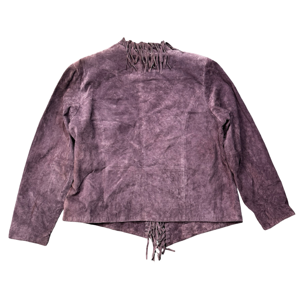 Y2K Dialogue purple suede fringe jacket, back view