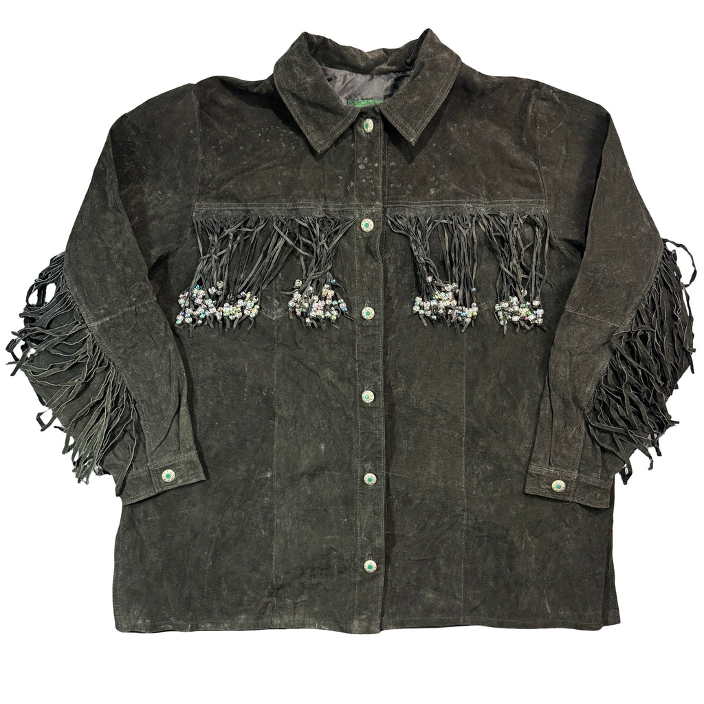 Vintage 90s Hunters Run Black Suede Fringe Beaded Button Front Shirt Jacket Made in China Womens 1X