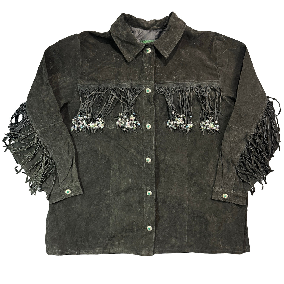 Vintage 90s Hunters Run Black Suede Fringe Beaded Button Front Shirt Jacket Made in China Womens 1X