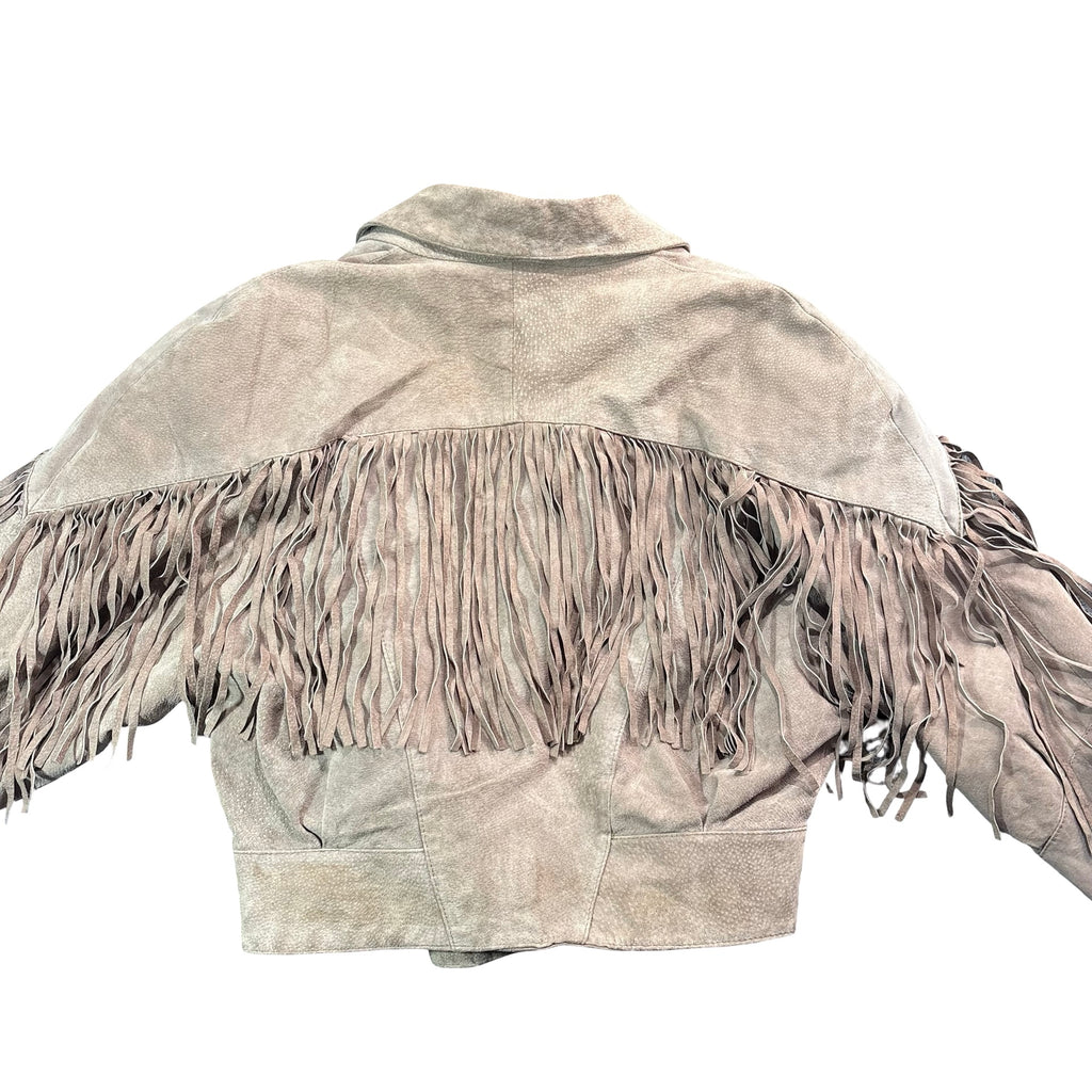 Vintage 80s Concept Clothing Company Taupe Suede Fringe Snap Front Jacket Womens S