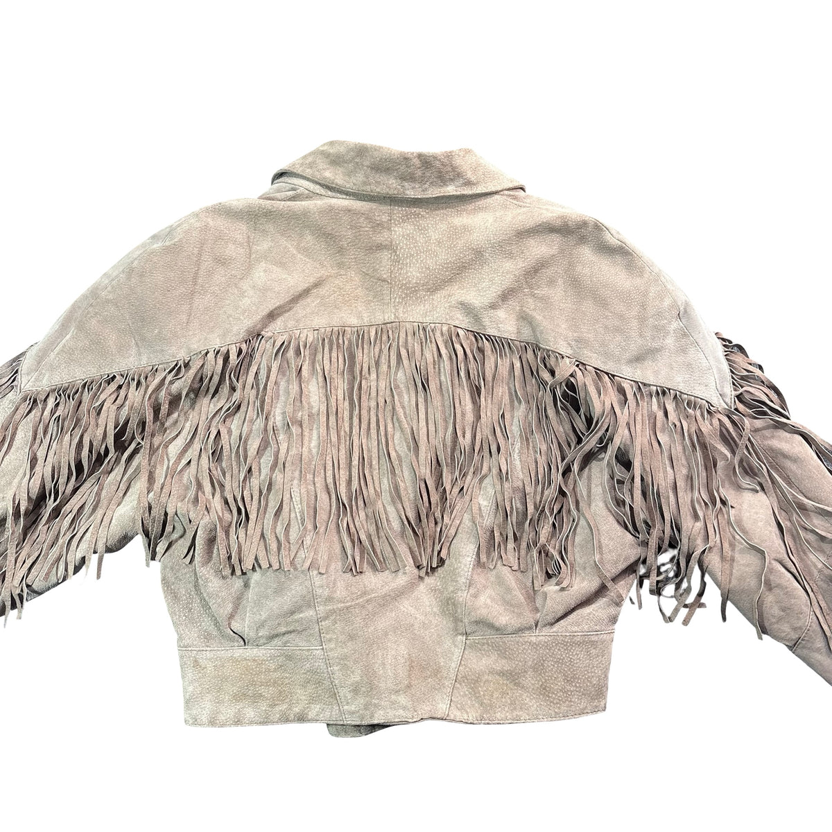 Vintage 80s Concept Clothing Company Taupe Suede Fringe Snap Front Jacket Womens S