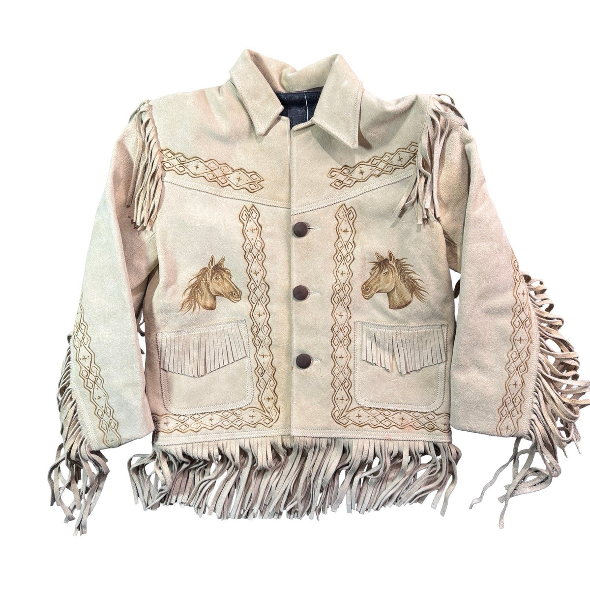 Vintage cream suede pyrography horse fringe jacket kids 14 front