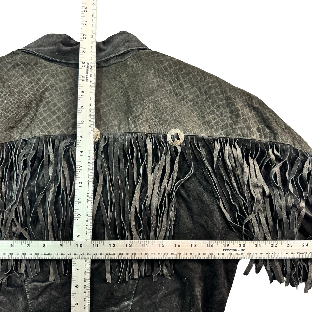 Vintage 90s Black Suede Fringe Concho Snake Embossed Yoke Cropped Western Jacket Womens M