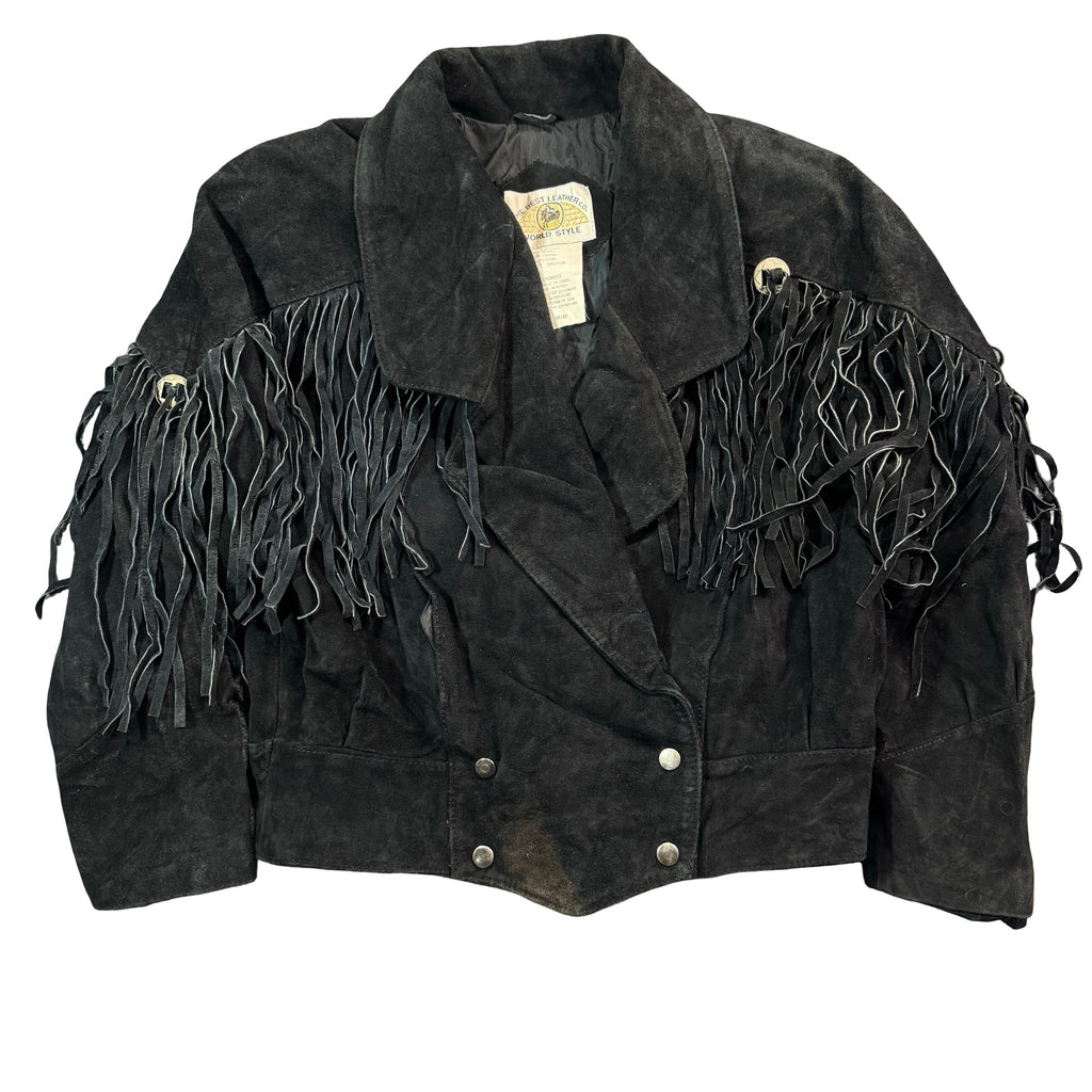 Vintage 80s-90s Best Leather Co Black Suede Fringe Concho Cropped Jacket Made in Korea Womens M