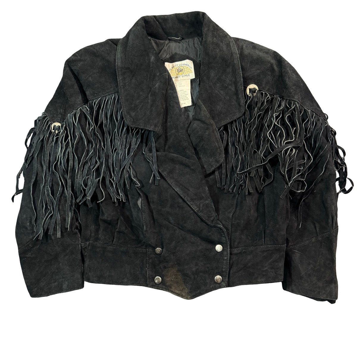 Vintage 80s-90s Best Leather Co Black Suede Fringe Concho Cropped Jacket Made in Korea Womens M