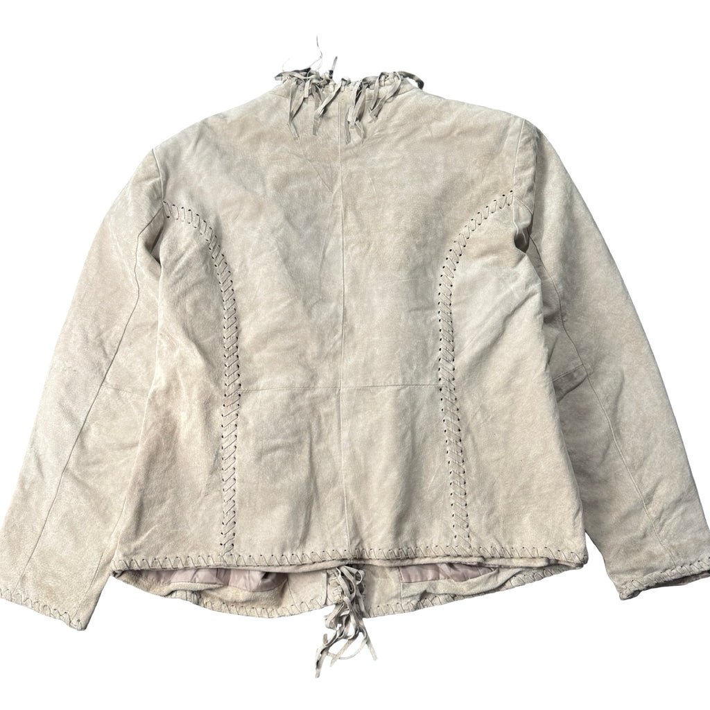 Greige suede jacket with whipstitch lacing, back view
