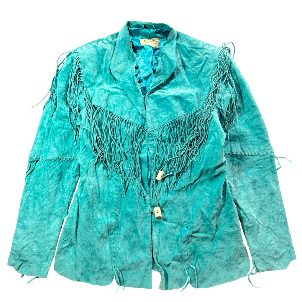 Vintage 80s-90s Scully Turquoise Suede Fringe Toggle Front Western Jacket Womens M