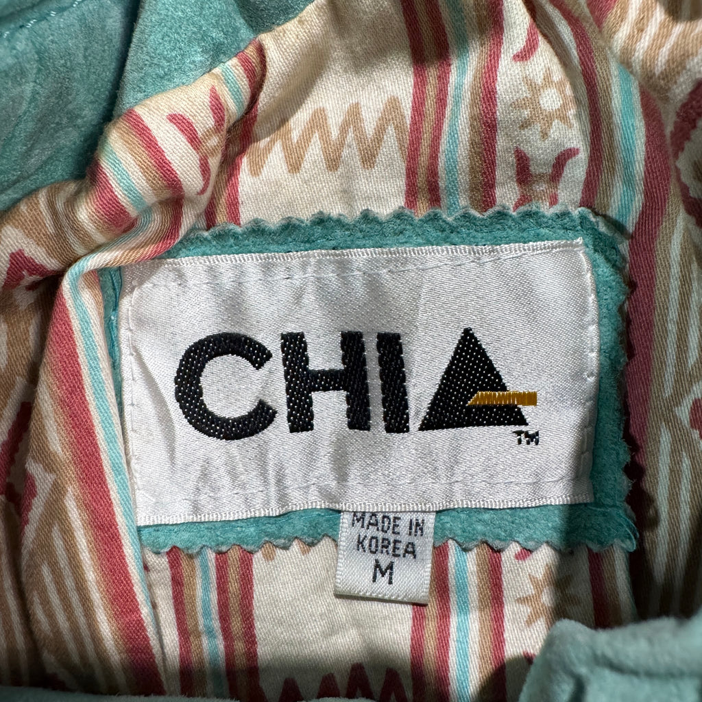 Vintage 90s Chia Teal Suede Fringe Concho Snap Cropped Western Jacket Made in Korea Womens M