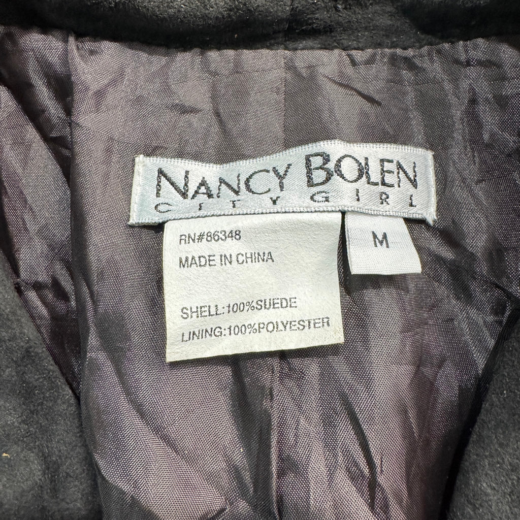 Vintage 90s Nancy Bolen City Girl Gray Suede Fringe Open Front Jacket Made in China Womens M