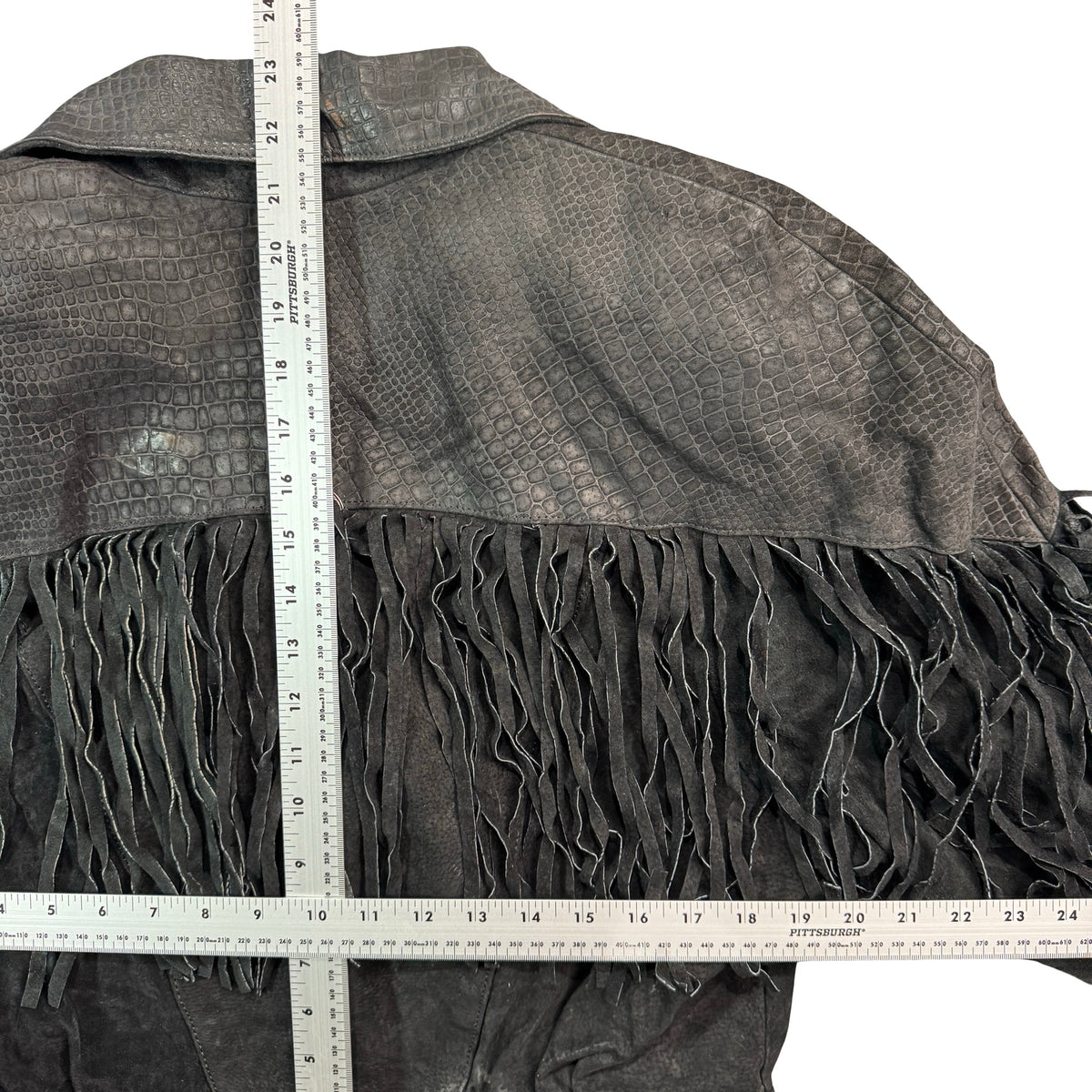 Vintage 80s-90s New York Classics Black Suede Fringe Croc Embossed Cropped Western Jacket Made in Korea Womens