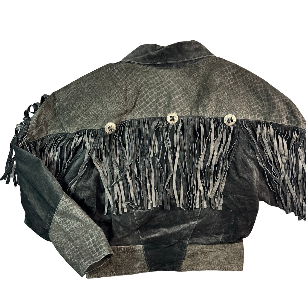 Vintage 90s Black Suede Fringe Concho Snake Embossed Yoke Cropped Western Jacket Womens M