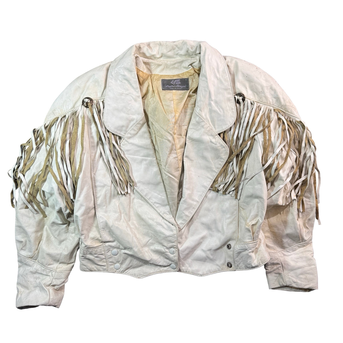 Vintage 80s GIII Leather Designs cream leather fringe jacket front