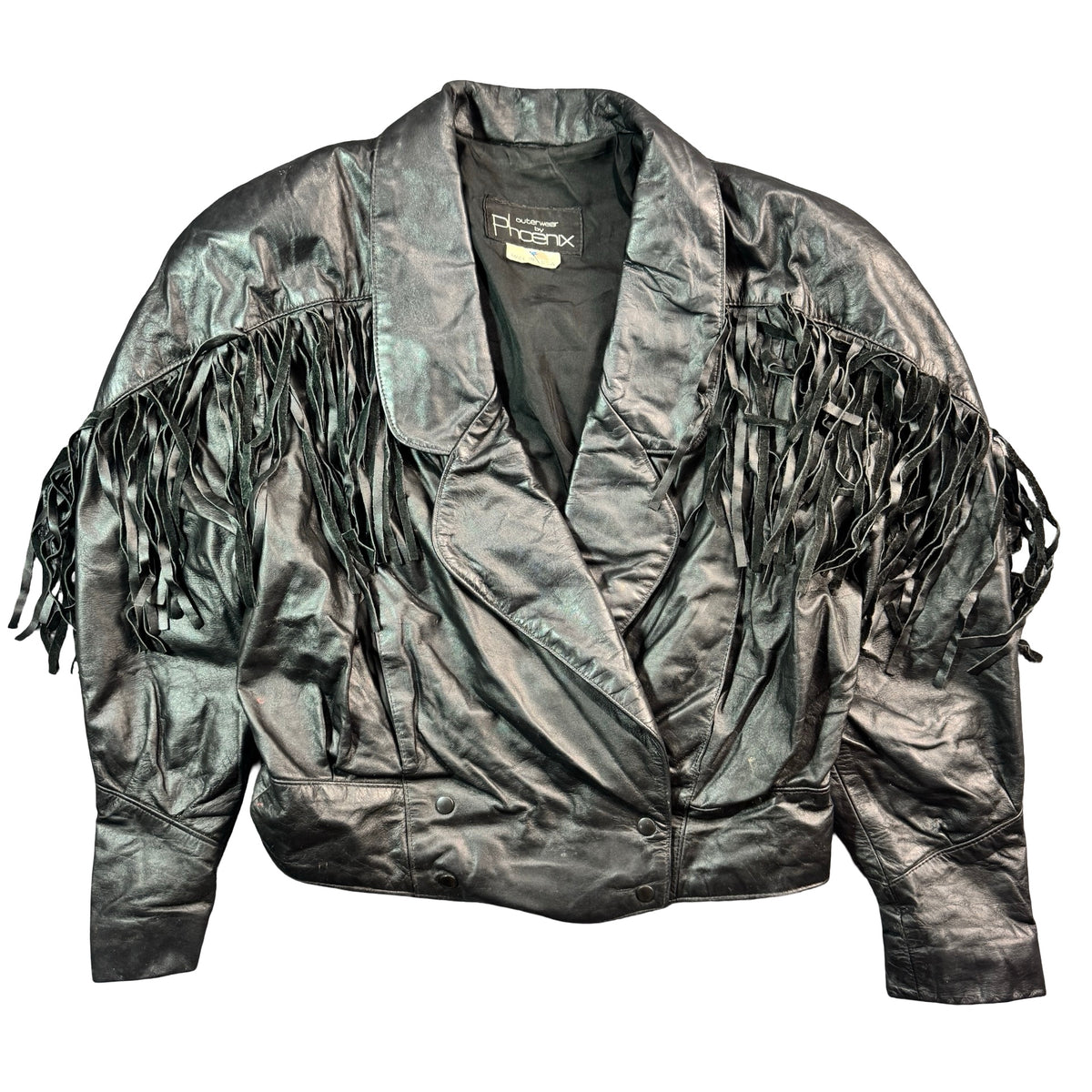 Vintage 80s-90s Phoenix Black Leather Fringe Cropped Moto Jacket Made in USA Womens M