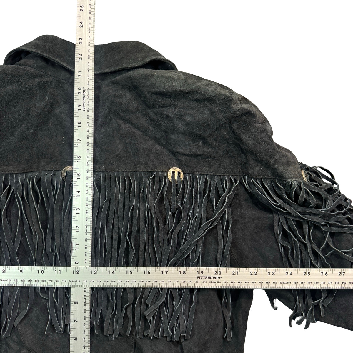 Vintage 80s-90s Best Leather Co Black Suede Fringe Concho Cropped Jacket Made in Korea Womens M