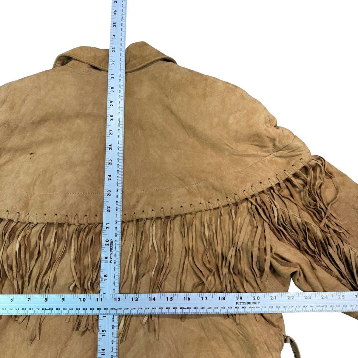 Vintage 90s Vakko Tan Suede Fringe Capelet Zip Front Western Jacket Made in USA Womens M